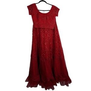 Two Piece Lehenga Choli Red Embroidered Sequin Crop Top Maxi Skirt
